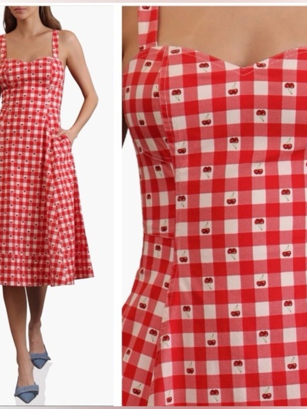 Avec Les Filles Red Gingham Cherry-Print Midi Dress Pinup Retro Rockabilly
